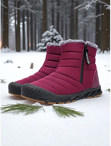  Burgunderrote, knöchelhohe Stiefeletten mit Fellfutter – wasserdichte Winterschuhe mit rutschfester Gummisohle, warmes und bequemes Schuhwerk für Outdoor-Aktivitäten und Freizeit.