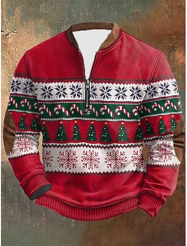  Jul Herre Juletre Snøfnugg Stygg jul Genser Gensere Langermet Genser Quarter Zip Vintage retro Trykt mønster Ferie Ut på byen Trykt mønster Høst Vinter