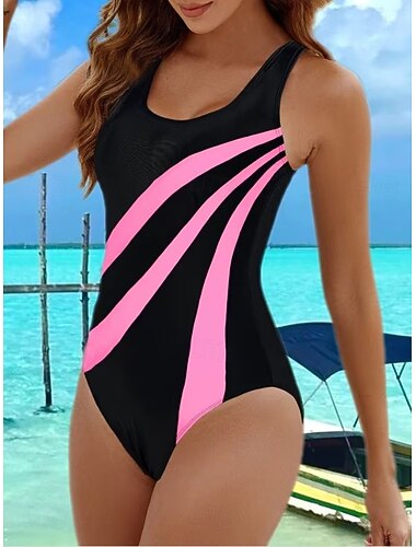  Einteiliger Damenbadeanzug Slimming Farbblock Monokini Bauchkontrolle Hohe Taille Slim Rückfrei Urlaub Vintage Ombre Grafik U-Ausschnitt Ärmellos Badeanzüge
