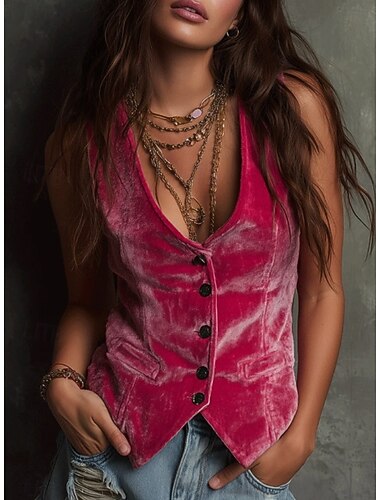  Damen Samt Einfarbig Einfach Bohemien Vintage Ärmellos V Ausschnitt Schwarz Rosa Leicht Braun Sommer Frühling Herbst Winter