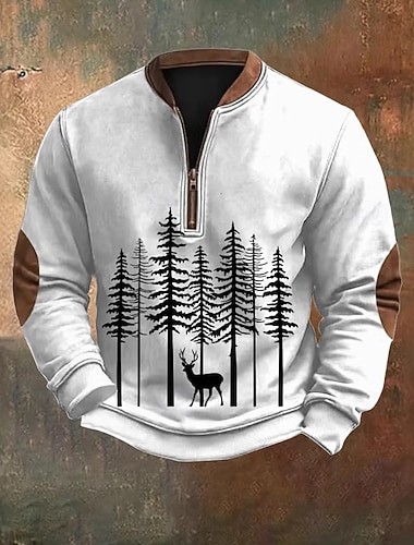  Herre skog Rådyr Grafisk genser Gensere Langermet Genser Quarter Zip Vintage retro Trykt mønster Ferie Ut på byen Festival Trykt mønster Høst Vinter