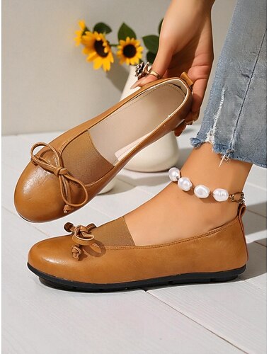  Dámské světle hnědé balerínky z umělé kůže s mašlí – pohodlné nazouvací boty na běžné nošení, do kanceláře i na každodenní výlety