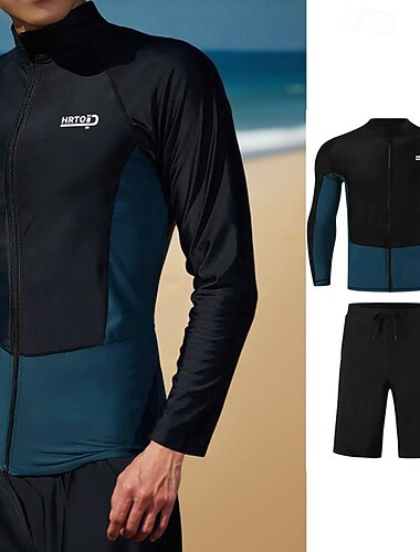  Per uomo Rash Guard in 2 pezzi Maglietta da surf Pantaloncini da bagno Protezione Solare UV Asciugatura Rapida Manica Lunga Costume da Bagno Spiaggia Sport Acquatici Nuoto Color-blocking Primavera
