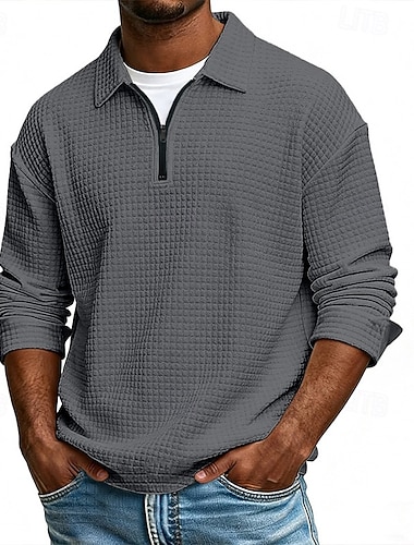  Homme Chemises Polo Gaufre Vacances Rue Col Rabattu manche longue Mode Loisir Bloc de Couleur Texturé Zip Up Automne Printemps & Automne Coupe régulière Vin Noir Blanche Gris bleu marine Kaki