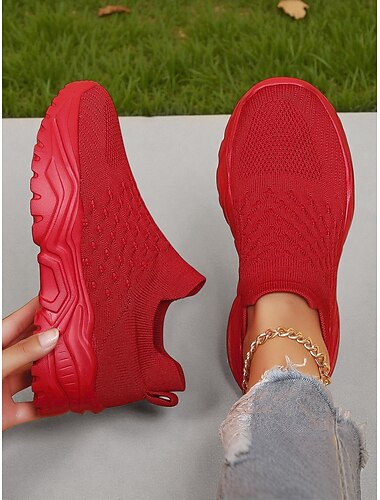  Klarröda sportiga slip-on-skor för dam med andningsbar stickning – lätta och bekväma sneakers för vardagsaktiviteter, resor och avslappnade utflykter