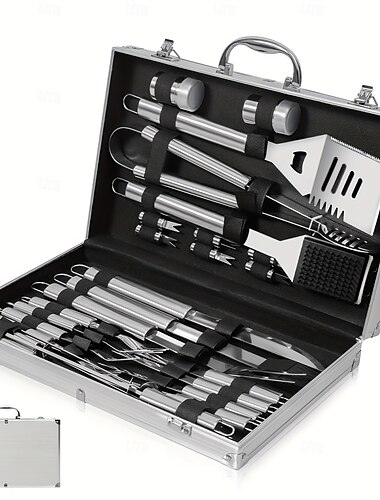  Ekstra kraftig grillutstyrssett - 5/18/26 tilbehør i rustfritt stål, oppbevaringsveske i aluminium, komplett utendørssett for menn &kvinner