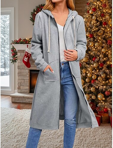  בגדי ריקוד נשים מעיל קפוצ'ון חג מולד בָּחוּץ רחוב סתיו חורף ארוך מעיל רגיל שמור על חום הגוף נושם יום יומי Jackets שרוול ארוך צבע אחיד מיקוד מלא עם כיסים שחור כחול נייבי קפה