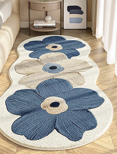  Läuferteppich, dicker Plüschteppich in Blumenform, weicher, gemütlicher Bodenteppich für Wohnzimmer und Schlafzimmer, niedliches, unregelmäßiges Muster, rutschfester Bettvorleger
