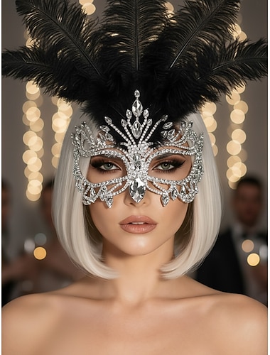 قناع تنكري نسائي من ريش الكريستال - قناع فاخر للحفلات من حجر الراين مع ريش أسود لحفلة تنكرية أو حفلة تنكرية أو حدث كرنفال