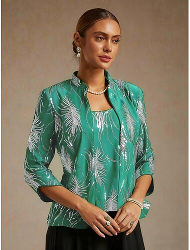  Dámská halenka s dvojitým lemováním, elegantní topy, večerní topy s peřím, flitry, elegantní, 3/4 rukáv, mandarínkový límec, běžné topy, společenské večerní šaty, večerní párty, flitry, tyrkysová,