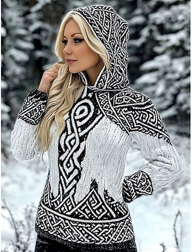  女性用 フェアアイルセーター ヴィンテージ カジュアル フード付き フード付き 長袖 レギュラートップス ニット アウトドア ブラック ホワイト 春 秋