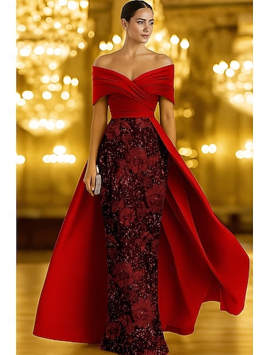  Linea ad A Lunghezza al pavimento Perline ricamate Abito Formale Abito da madre della sposa Abito da Sera Abito da ballo con sopragonna Abito formale Elegante Setoso Manica Corta Senza Spalle