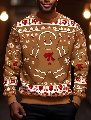  Noël Homme Graphique Emoji bonhomme en pain d'épice Sweatshirt Mode Streetwear Vacances Occasionnel Col ras du cou Sortir Festival Marron Impression 3D Printemps Automne Designer S M L XL 2XL 3XL