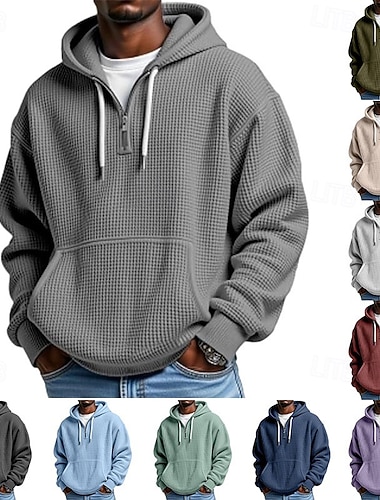  Herren Kapuzensweatshirt Waffle Kapuzensweatshirt Viertelreißverschluss Kapuzensweatshirt Aprikose Weiß Hellgrün Armeegrün Rote Mit Kapuze Einfach Kängurutasche Strukturiert Lässig Täglich Sport