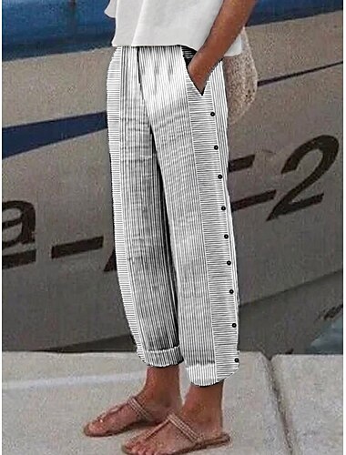  Dame Linbukser i bomull Avsmalnende bukser kinesisk Mote Gatemote Full lengde Høy Midje Stripet Lomme Elastisk midje comfy Myk Bekvem Mikroelastisk utendørs Gate Rishvit Svart Rosa Grønn Sommer Vår