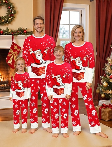  Olhar de família Natal Pijama de Natal para a Família Pijamas Conjuntos de família Gráfico Papai Noel Floco de Neve Casa Imprimir Vermelho Manga Longa Diário Roupas Combinando
