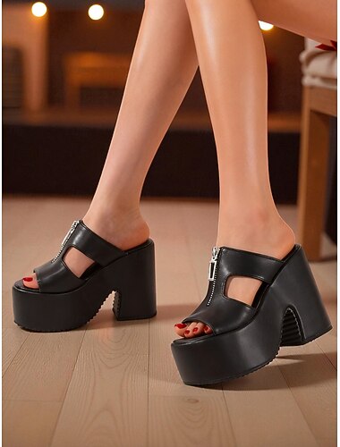  フロントジッパー付きのレディースプラットフォームピープトゥミュールヒール - ナイトライフパーティーやクラブに最適な大胆なチャンキーハイヒールスリッポンサンダル &イブニングドレス