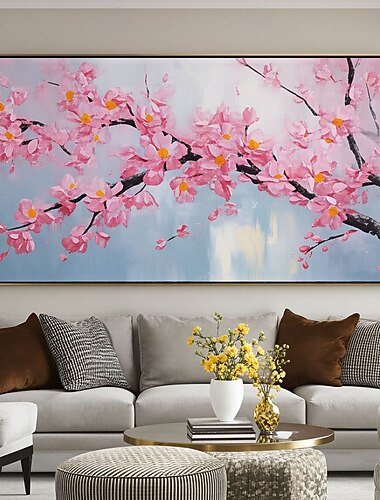  Pintura artesanal de flores de cerejeira rosa em plena floração, arte floral 3D pintada à mão, arte de parede com textura de flores da primavera, pintura abstrata de copa de árvore, presente