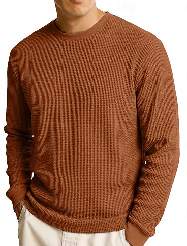  Herren Waffelhemd T Shirt T-Shirt Langarmshirt Langarm Rundhalsausschnitt Herbst Frühling & Herbst Herbst Winter Einfach Texture Mode Designer Basic Gestrickt Urlaub Straße Lässig Schwarz Wei