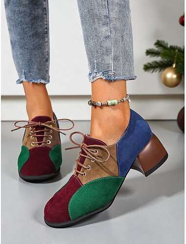  Pantofi cu toc din patchwork colorat pentru femei – stil retro șic, perfecți pentru ieșiri casual, petreceri și reuniuni de sărbători