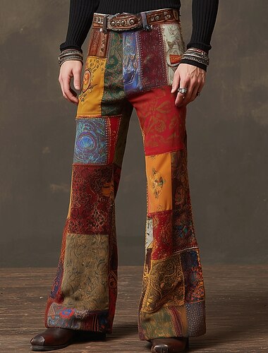  Herren Geometrisch Farbblock Patchwork Hose Disco-Hosen 60er 70er Schlaghosen Mittlere Taille Böhmische Vintage-Retro Outdoor Party Lässig Seitentaschen Schlaghose Frühling Herbst 3D-Druck Blau Rote