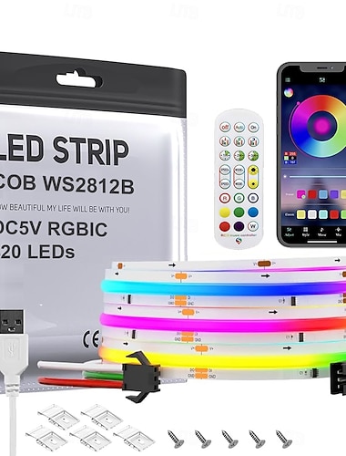  FCOB COB WS2812B IC RGB LED-Streifen DC 5V (optionaler Bluetooth Smart App-Controller) 1–5 m, einzeln adressierbar, 420 Pixel/m, 10IC Dream Color, IP30 (nicht wasserdicht), hohe Lichtdichte, 8,1 mm