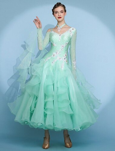  Ballroom-dans Kjole Plissert Tvinning Krystall / Rhinestone Dame Ytelse Trening Langermet Høy Spandex Netting