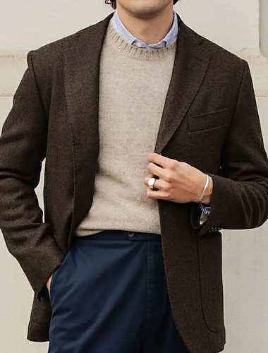  בגדי ריקוד גברים טוויד בלייזר צווארון חריץ אופנתי קלסי יום יומי אחיד בלייזר טוויד שחור אפור כהה קפה גזרה מחוייטת Single Breasted One-button