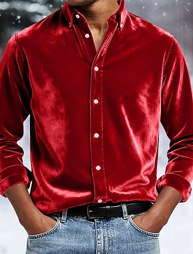  Per uomo Camicia Camicia casual Camicia di Natale Camicia di velluto Vino Blu reale Manica Lunga Tinta unica Semplice Colletto a Camicia Carnevale Natale Bottoni Abbigliamento Natale Elegante Caldo