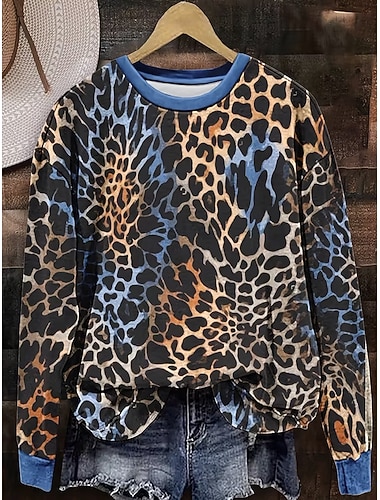  Damen Pullover Sweatshirt Grafik Leopard Mode Lässig Druck Langarm Rundhalsausschnitt Normale Oberteile Lässig Straße Alltagskleidung Blau Herbst Winter