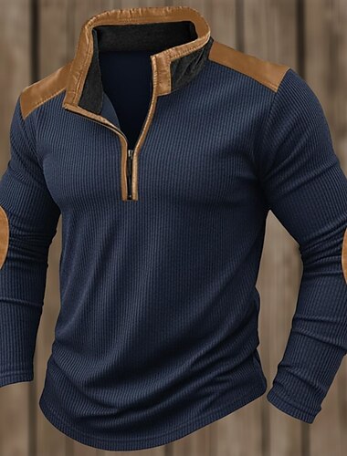  Ανδρικά Κοτλέ πουκάμισο Μπλουζάκι μπλουζάκι Μακρυμάνικο Όρθιος Γιακάς Φερμουάρ Φθινόπωρο Χειμώνας Συνδυασμός Χρωμάτων Κουρελού Ρετρό / Βίντατζ Υφή Στυλ δρόμου Κουμπώσου Κουρελού Φερμουάρ