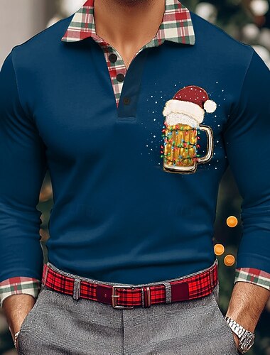  عيد الميلاد المجيد رجالي الرسم بولو ستايل كم طويل قمصان البولو Lapel كاجوال الأماكن المفتوحة مناسب للعطلات مناسب للبس اليومي طباعة ثلاثية الأبعاد Buttons الربيع الخريف الشتاء أزرق أسود أحمر
