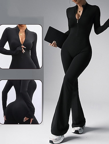  Mulheres Macacões de treino de uma peça Macacão de ioga Côr Sólida Conjuntos Outono Inverno Preto Esportivo Pilates Compressão abdominal Manga Longa Esporte Roupas Esportivas