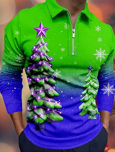  Natale Per uomo Albero di Natale Polo Manica Lunga Magliette polo Bavero Casual Ferie Abbigliamento quotidiano Abbigliamento da festa Stampa 3D Polo con cerniera a un quarto Primavera Autunno Inverno