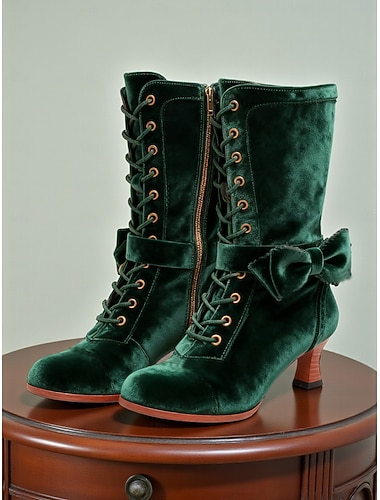  Grüne Samt-Schnürstiefel für Damen mit Schleife und Reißverschluss – eleganter viktorianischer Stil der 1920er Jahre, ideal für festliche Anlässe, Wintermode und Vintage-Liebhaber