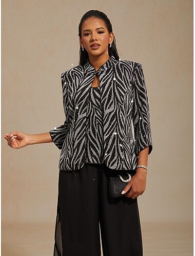  Dames Geklede topjes Tweelingset Pailletten Strass dier Luipaard Elegant Feest Dames 3/4 mouw Mandarijn Kraag Normale tops Avond Feest Feestavondkleding Feestoutfits Zilver Lente Herfst Winter