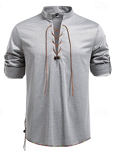 Homme T-shirt Chemise à Manches Longues manche longue Col à bandes Printemps Automne Uni Mode Designer Basique À lacets Vacances Rue Sortir Noir Gris Claire Gris foncé T-shirt haut de gamme pour homme