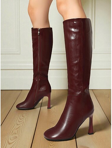  女性用ベージュフェイクレザーニーハイファッションブーツ - オフィス、フォーマルなイベント、シックな秋冬ファッションにぴったりのエレガントなハイヒール
