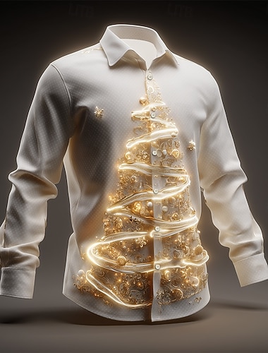  Weihnachten Herren Weihnachtsbaum Funkelnder Glitzer Weihnachtslicht Hemd Knopfhemd Langarm Lustig Weihnachtsgeschenke Ferien Frühling Herbst Umlegekragen 3D-Druck Hemden mit Kragen Weiß Hell Gray