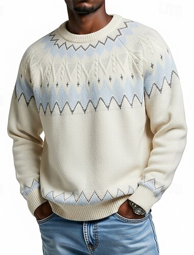  Herr Tröja Pullover tröja Stickad tröja Ribbad Sticka Vanliga toppar Stickat Geometrisk Rund hals Mode Streetwear Ledigt Dagliga kläder Kläder Höst Vinter Vit S M L