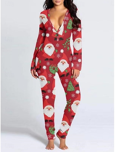  Dames Normaal Jumpsuit Actief Kerstman Lange mouw V-hals Hoge taille Afdrukken Kerstmis Vakantie Normale pasvorm blauw Wijn Rood Lente