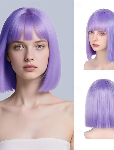  Lila Bob-Perücke mit Pony, kurze, lavendelfarbene, glatte Perücke für Damen, hitzebeständiges Kunsthaar, farbenfrohe Bob-Perücke für Karneval, Festivals, Partys, Mädchen, Alltag, Halloween, Cosplay,