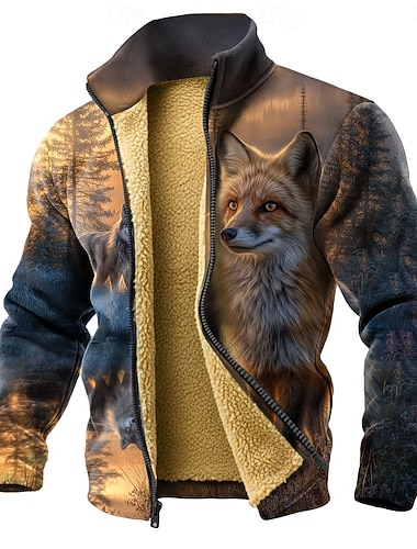  男性用 きつね オオカミ フリース スウェットシャツ ファッション 日常 シンプル カジュアル スタンド ファスナー アウトドア バケーション 贈り物 お出かけ ブルー ブラウン ポケット フロントジーパー 秋 冬 デザイナー S M L XL XXL 3XL