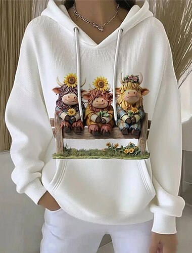 Naisten Pullover-huppari Kuvitettu Lehmä Joulu Vapaa-aika Pitkähihainen Hupullinen Puolivetoketju Tavalliset topit Arkikäyttö Kausaliteetti Urheilu Musta Valkoinen Ruskea Apila Syksy Talvi