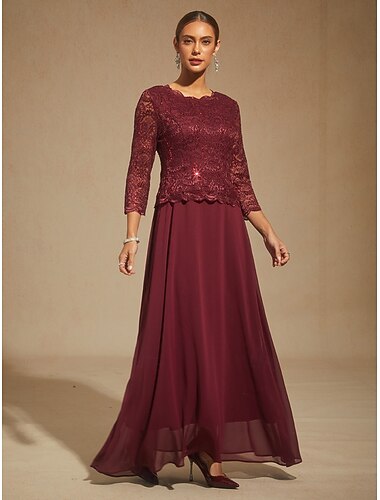  Жен. Платье средней длины Шифоновые платья Платье A-силуэта Элегантный стиль Свадебный гость Для вечеринок Сплошной цвет Рукав 3/4 Вырез под горло Винный Весна Осень Зима