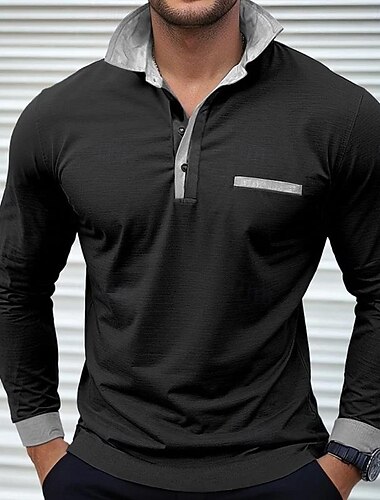  رجالي سهل قميص الجولف كم طويل Lapel العطلة أساسي وقت الفراغ الرياضة مناسب للعطلات كاجوال / يومي بقع جيب Buttons كل الفصول أزرق فاتح أسود أبيض