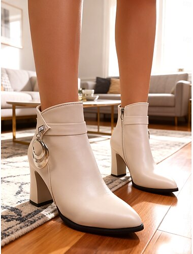  Witte enkellaarsjes voor dames met zilveren ringdetail – chique moderne stijl, comfortabele hoge hakken voor formele gelegenheden, kantoorkleding en avondjes uit