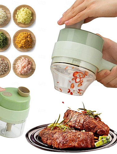  4-i-1 håndholdt elektrisk grønnsakshakkersett, trådløs mini foodprosessor og skjæresett med hvitløkskvern, skreller og rengjøringsbørste, USB-oppladbar kjøkkendings for kjøtt, hvitløk, løk