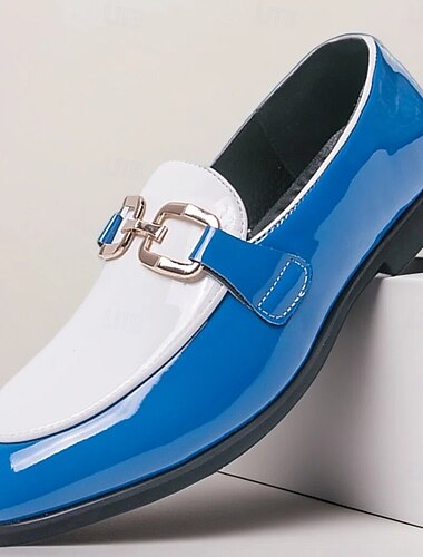  Heren witte en blauwe lakleren instappers met metalen gespdetail - modieuze schoenen voor semi-formele bijeenkomsten en feesten