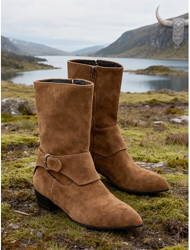  Women's Brown Vintage Medieval-Inspired Suede Ankle Boots with Buckle Detail – Perfect for Casual and Outdoor Wear, Autumn and Winter